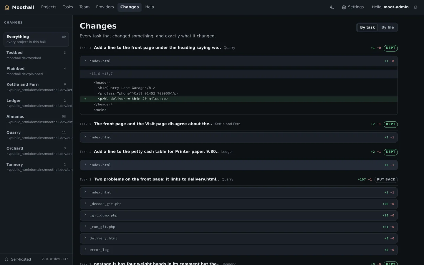 The Changes page: every file the run modified, line by line, with keep and put-back controls.