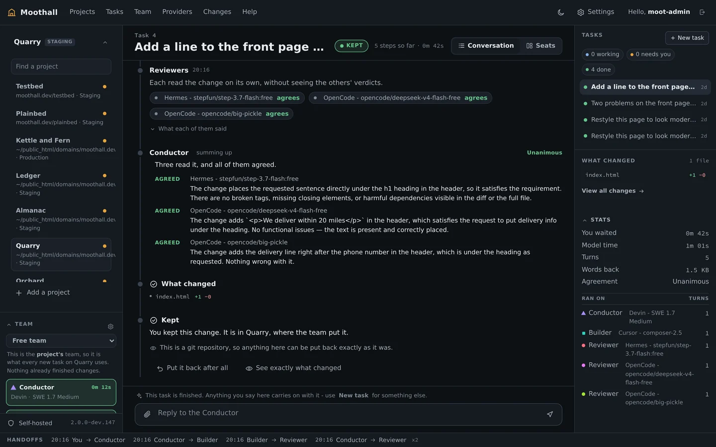 The conversation view: the Conductor's brief, the Builder's report and each Reviewer's verdict, one after another in a single readable thread.