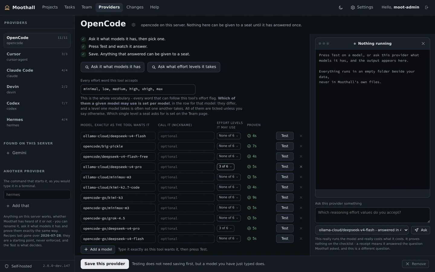 The Providers page listing the agent CLI tools Moothall can drive, each with the models read from that tool's own cache.