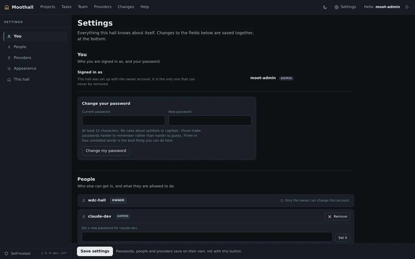 The Settings page showing round budget, timeouts, theme and the accounts that can sign in.