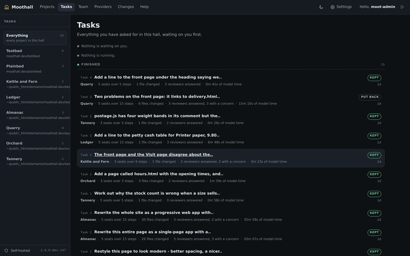 The Tasks page listing previous runs with what each one cost and how it ended.