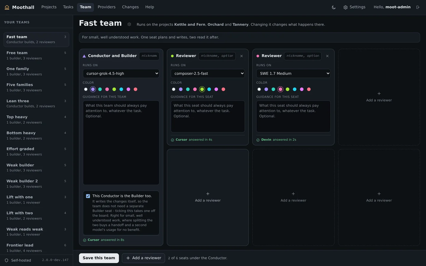 The Team page, with each seat bound to a provider and a model.